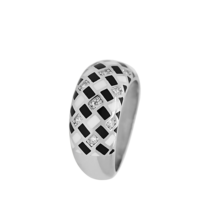 Fekete-fehér betétes fehér köves ezüst gyűrű