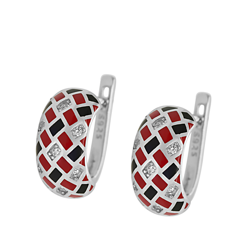Fekete piros betétes fehér köves ezüst fülbevaló